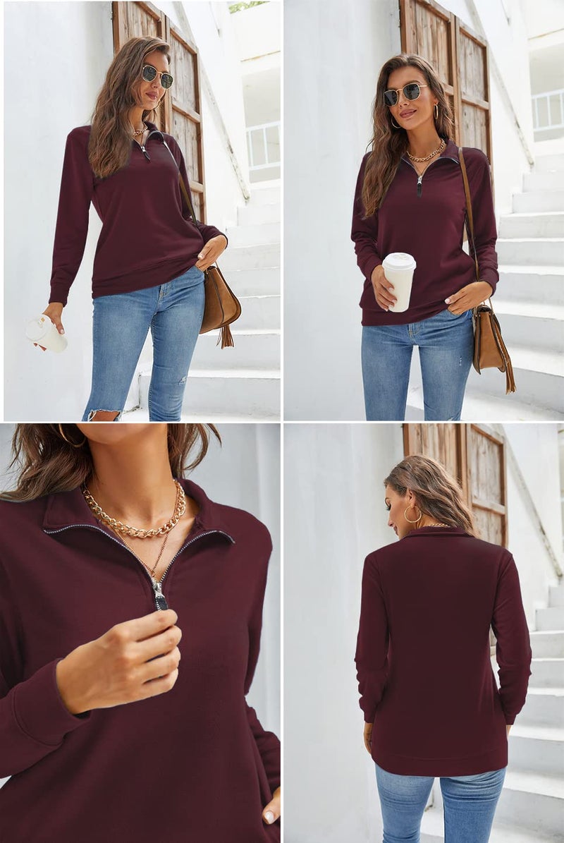 Samefar Womens Fall Tunic Sweatshirts Full Sleeve 1/4 Zip Fleece Warm Soft Pullover Purplish Red Shirt and Blouse Small - Image 4